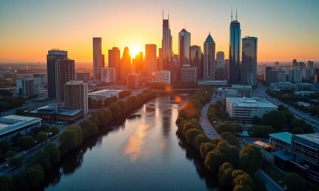 Aerial view of Melbourne skyline at sunset
